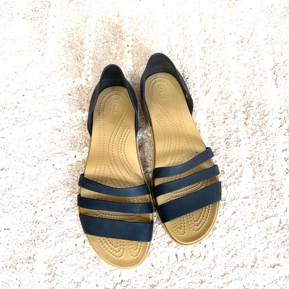 Crocs Tulum OPEN Toe Post Sandal SZ 10 BLACK Slip On TAN Beachy Vacation STRAPPY